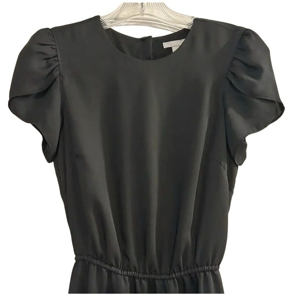 H&M Women's Black Midi Dress Size 4 Cinched Waist Puff Sleeve Button Back - Picture 2 of 10